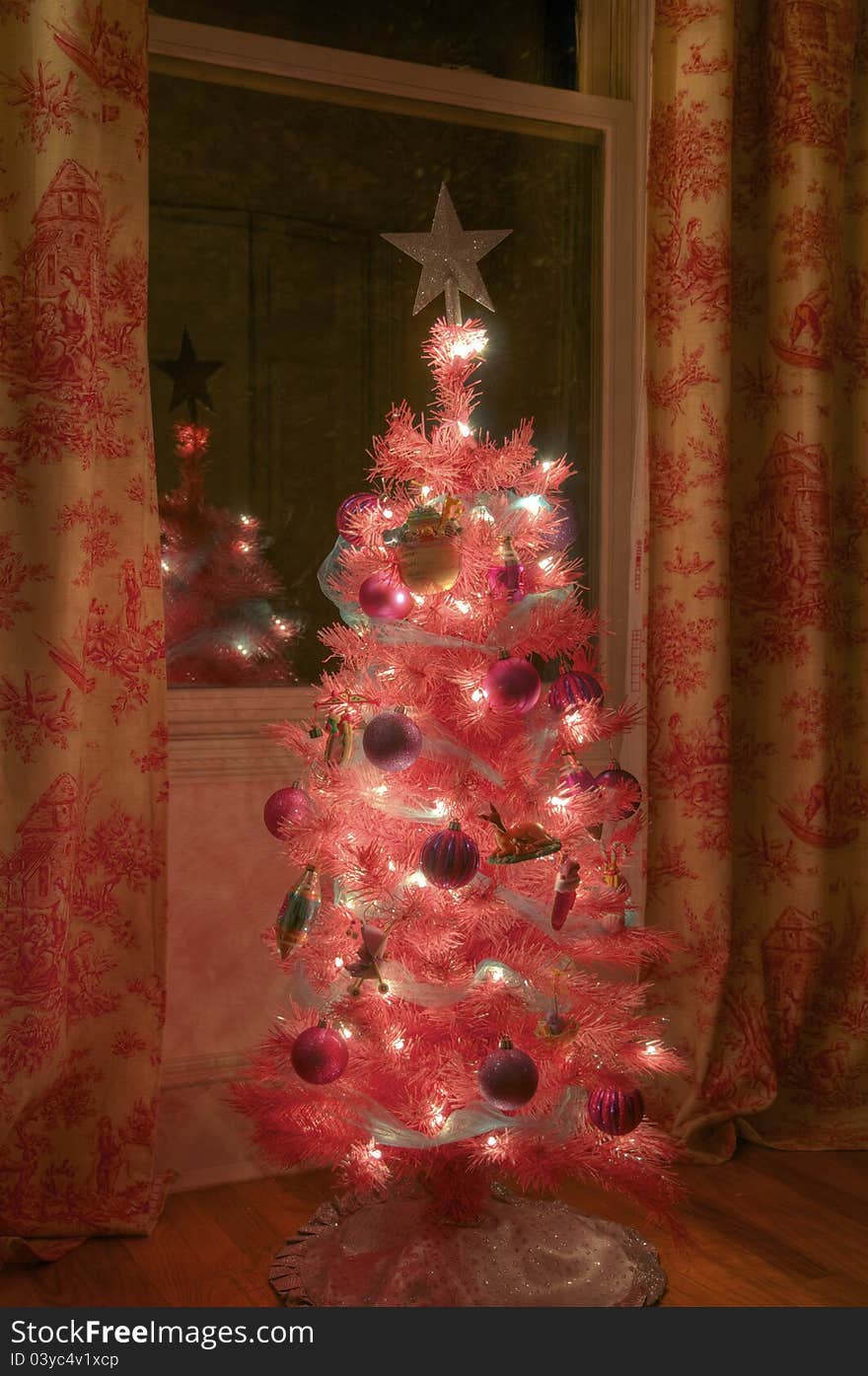 Little Girls Christmas tree in pink. Little Girls Christmas tree in pink