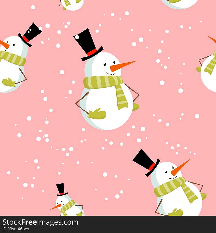 Seamless pattern with cute cartoon Christmas snowman on snow winter background. Seamless pattern with cute cartoon Christmas snowman on snow winter background