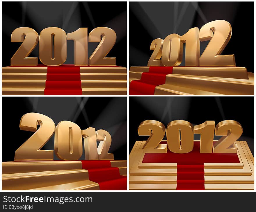 Four 3d render of 2012 greeting on gold podium and red carpet. Four 3d render of 2012 greeting on gold podium and red carpet