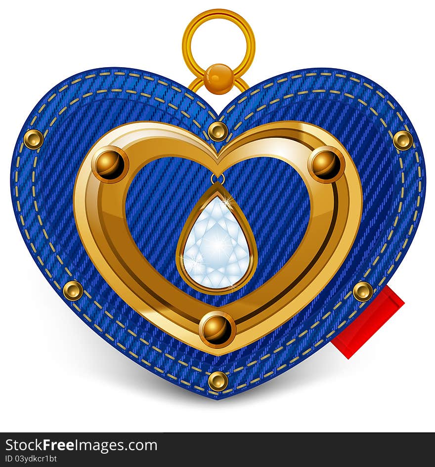 Jewelry heart with diamond on white, vector Valentine illustration.