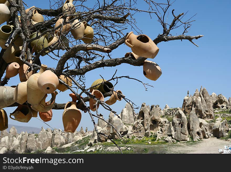 Tree with pottery in Cappadocia, Turkey