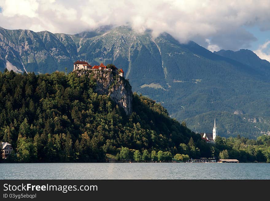 The photo shows Lake Bled, Slovenia. The photo shows Lake Bled, Slovenia