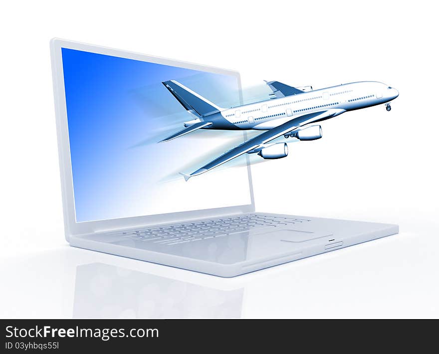 3d composition of a plane and laptop background