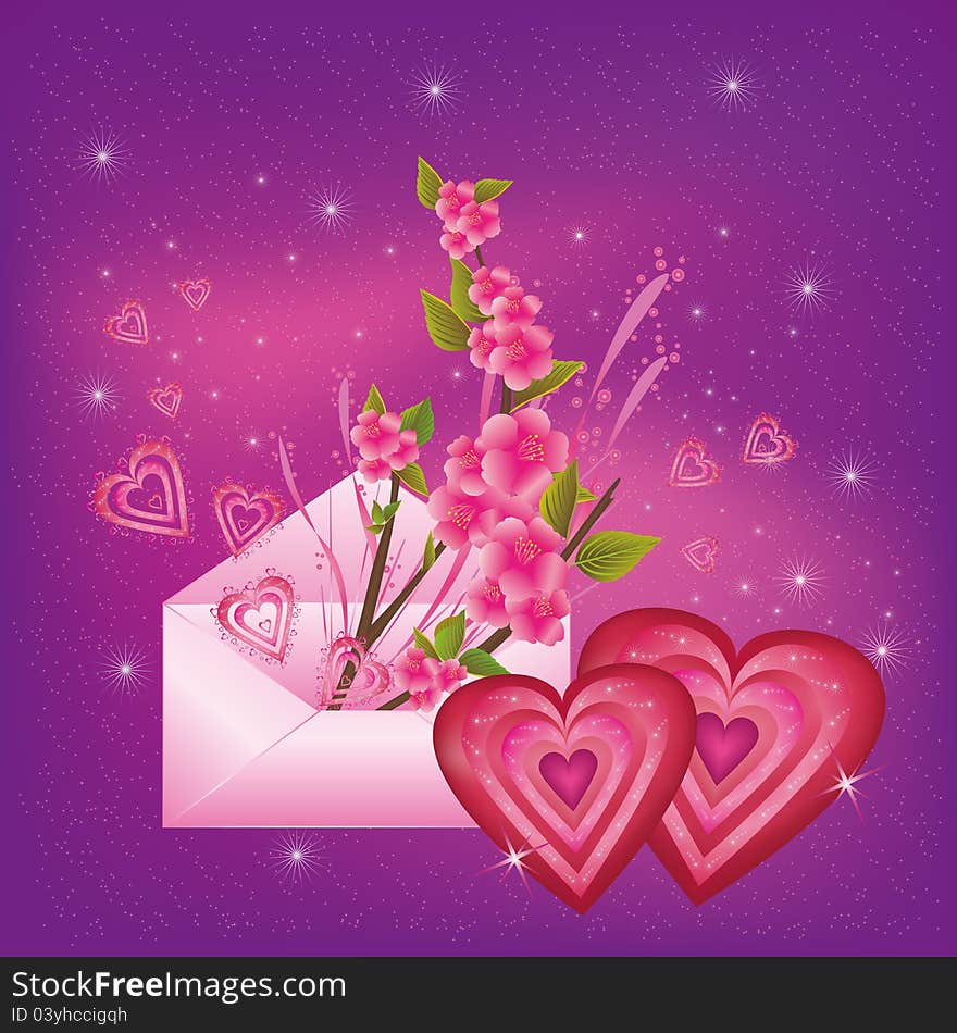 Beautiful  bright Valentine's  Day card  with hearts,  sakura branch, envelope  and colorful elements. Beautiful  bright Valentine's  Day card  with hearts,  sakura branch, envelope  and colorful elements.