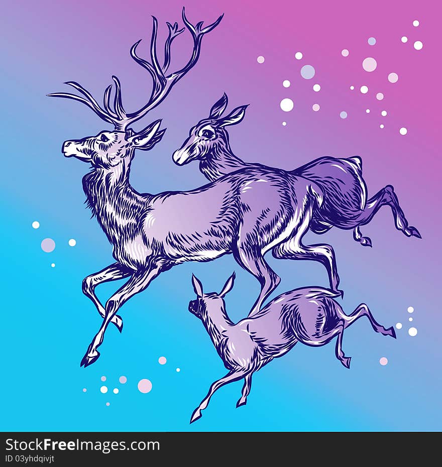 Family deer running in blue and pink background