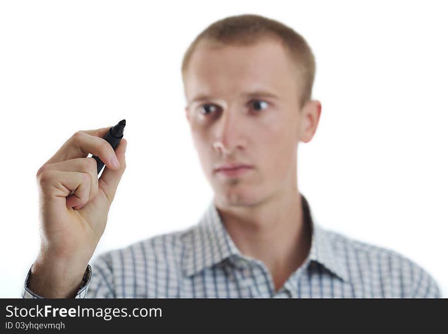 Handsome young business man touching screen isolated on white bacground