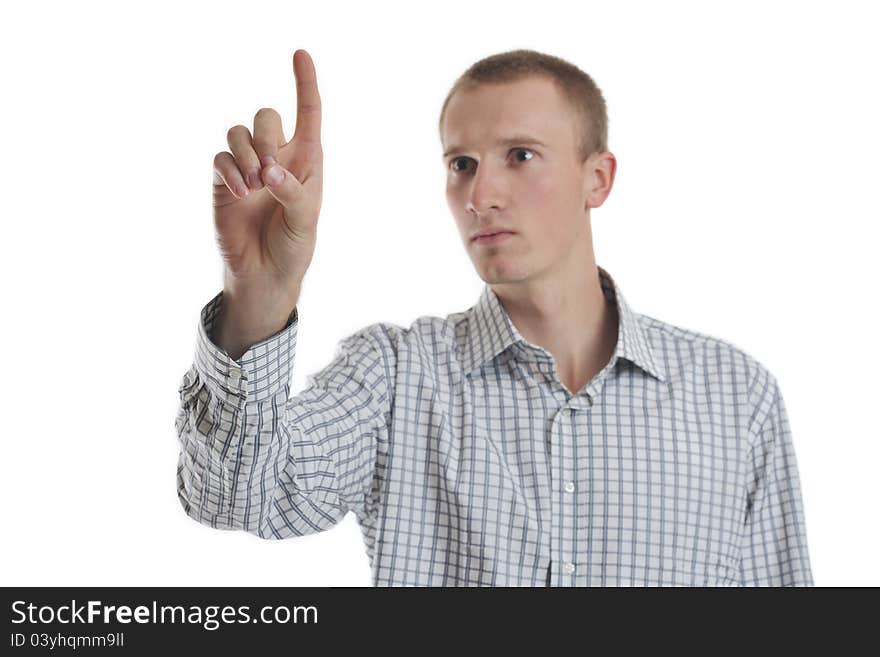 Handsome young business man touching screen isolated on white bacground