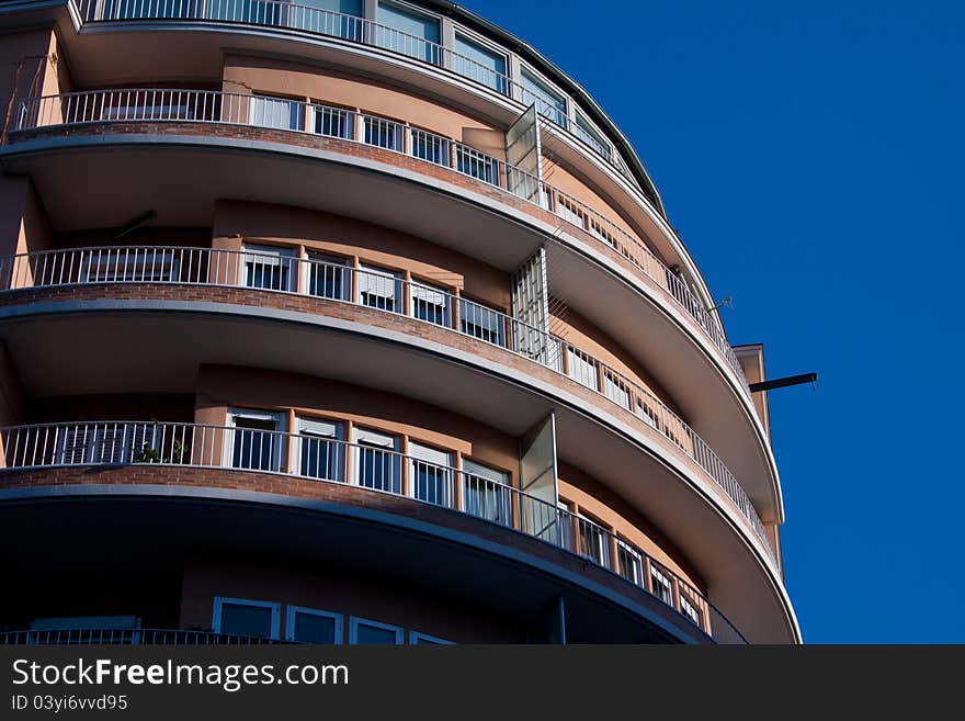 Hotel building in detail on the balconies.