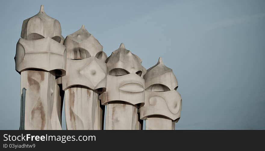 Details of funnels on top of Casa Mila desingned by Antoni Gaudi, Barcelona, Spain. Details of funnels on top of Casa Mila desingned by Antoni Gaudi, Barcelona, Spain.