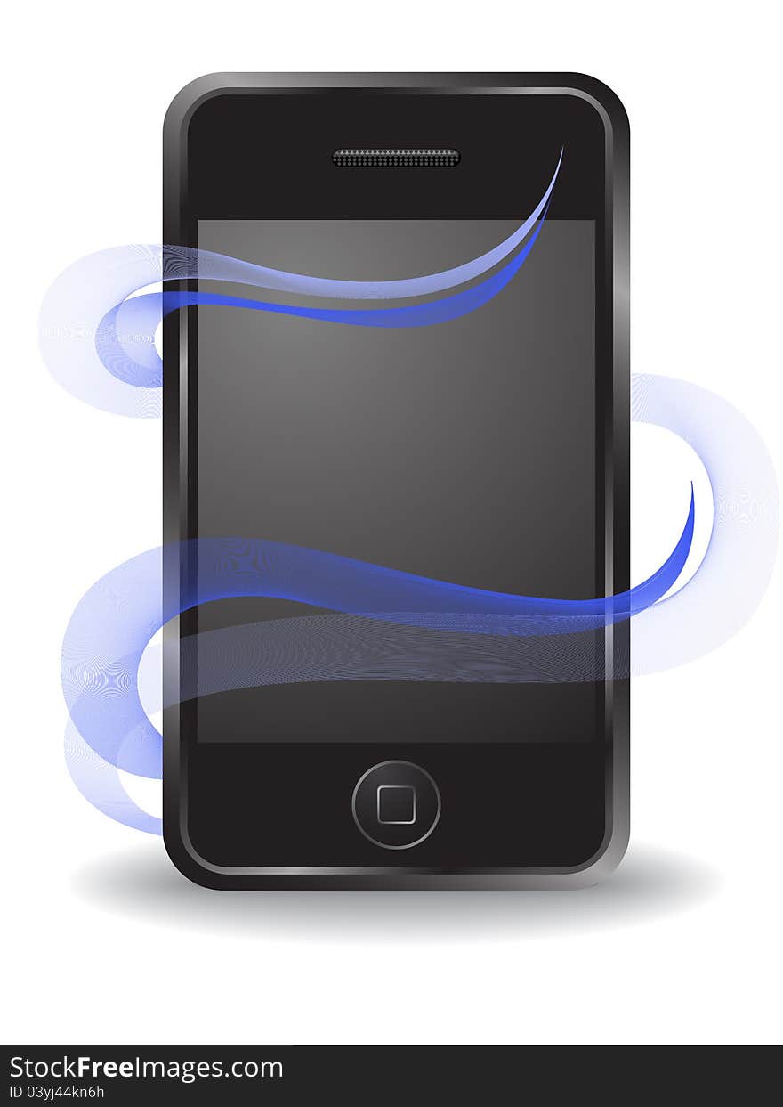 Abstract background with a black phone on the blue waves. Abstract background with a black phone on the blue waves