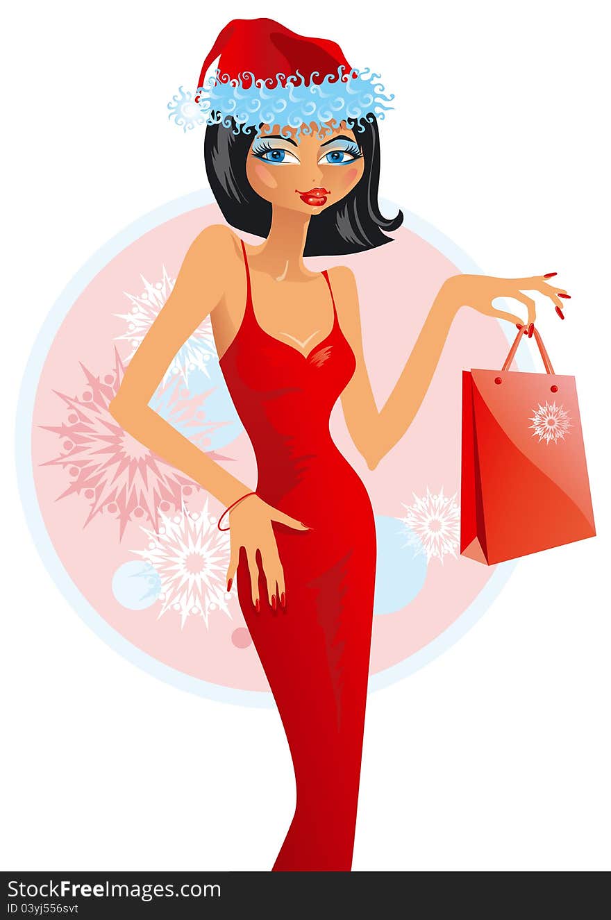 Vector illustration of beautiful younger woman in hat santa that is keeping package. Vector illustration of beautiful younger woman in hat santa that is keeping package