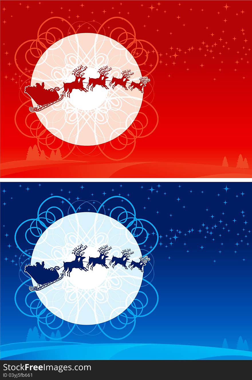 Two vector christmas cards with flying of Santa Claus Sledge and his reindeers. Two vector christmas cards with flying of Santa Claus Sledge and his reindeers