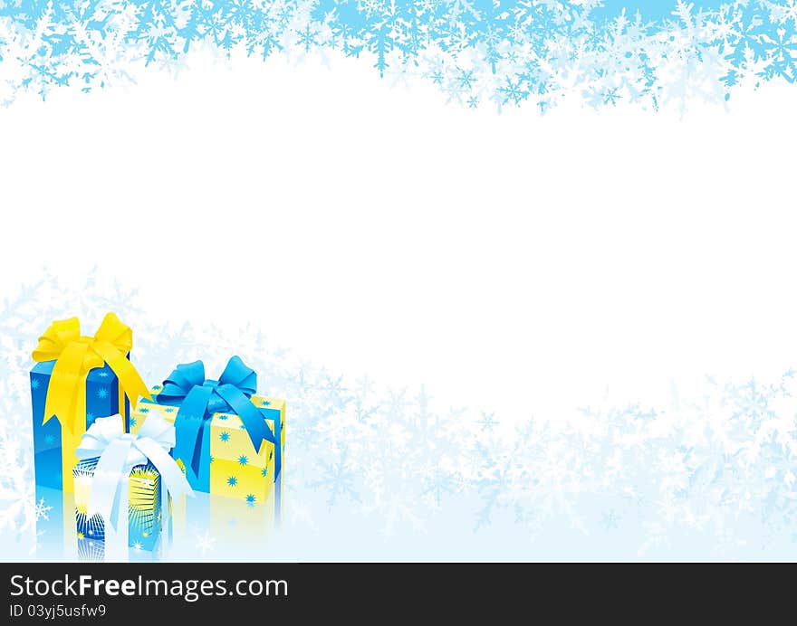 Vector illustration of gift boxes on abstract background with many snowflakes. Vector illustration of gift boxes on abstract background with many snowflakes.