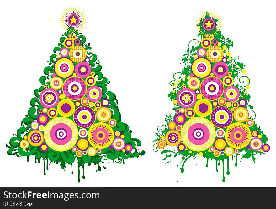 Two vector abstract christmas trees at grunge style for christmas card.