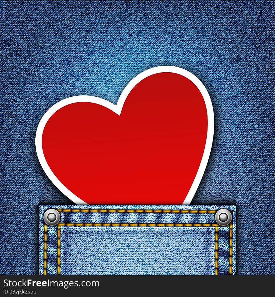 Realistic vector denim background with heart.