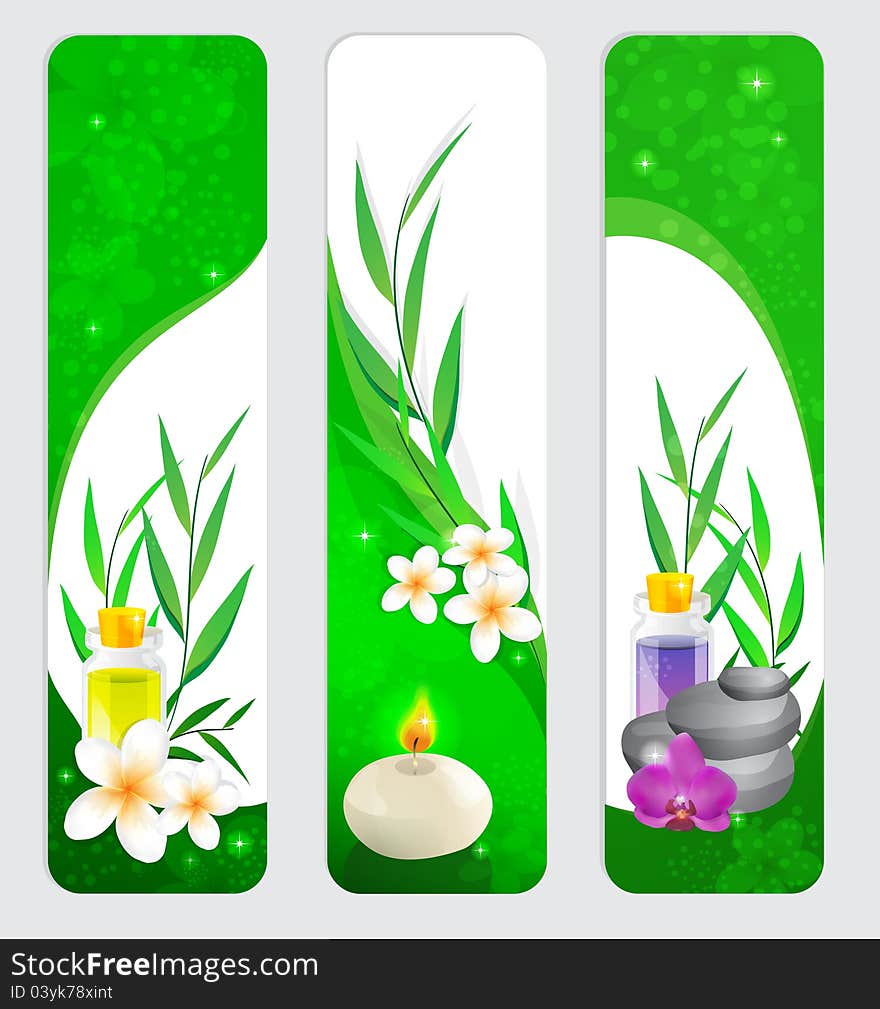 Floral banner with a candle, pebbles and aromatic oils. Floral banner with a candle, pebbles and aromatic oils