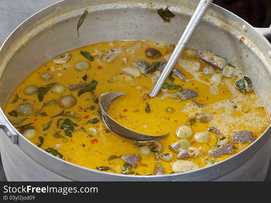 Beef or chicken green curry, Thai food prepared in the big pot