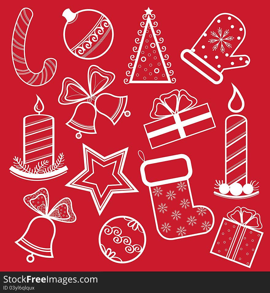 Christmas set of new year object on a red background