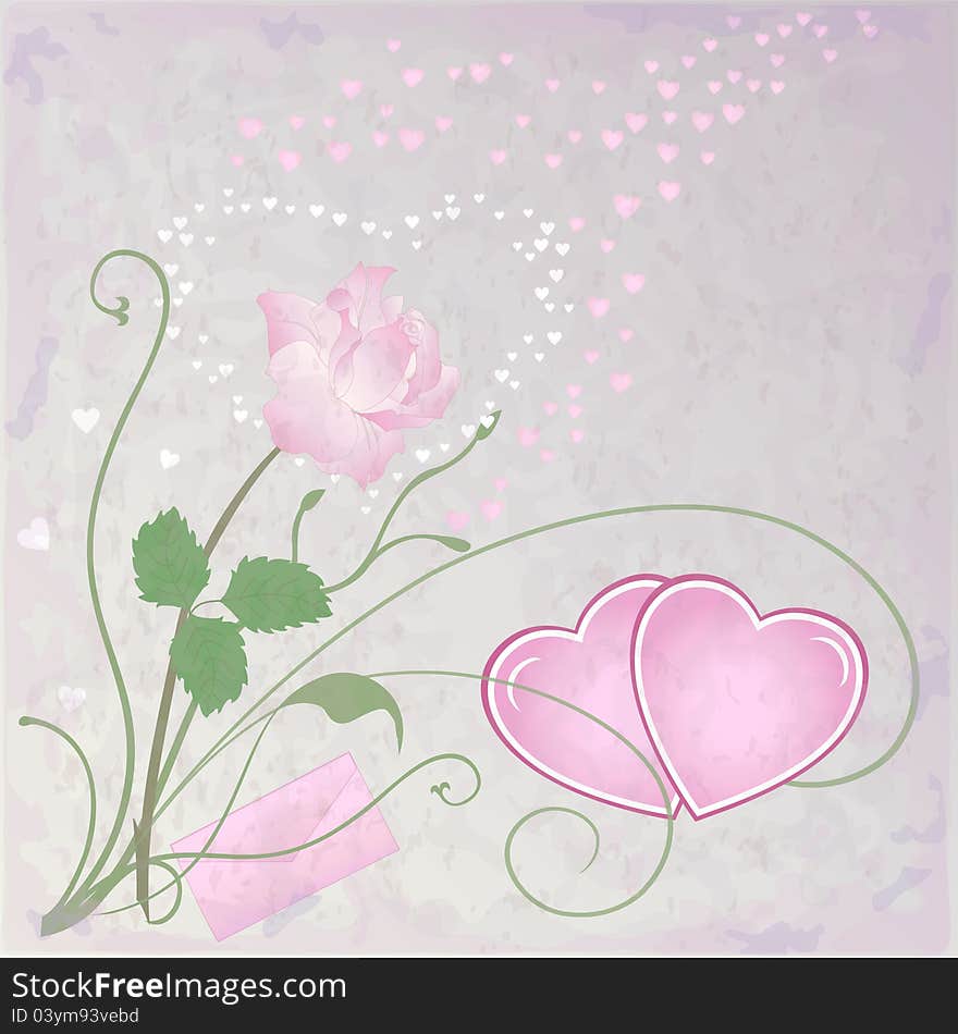 Vector romantic background with hearts and rose