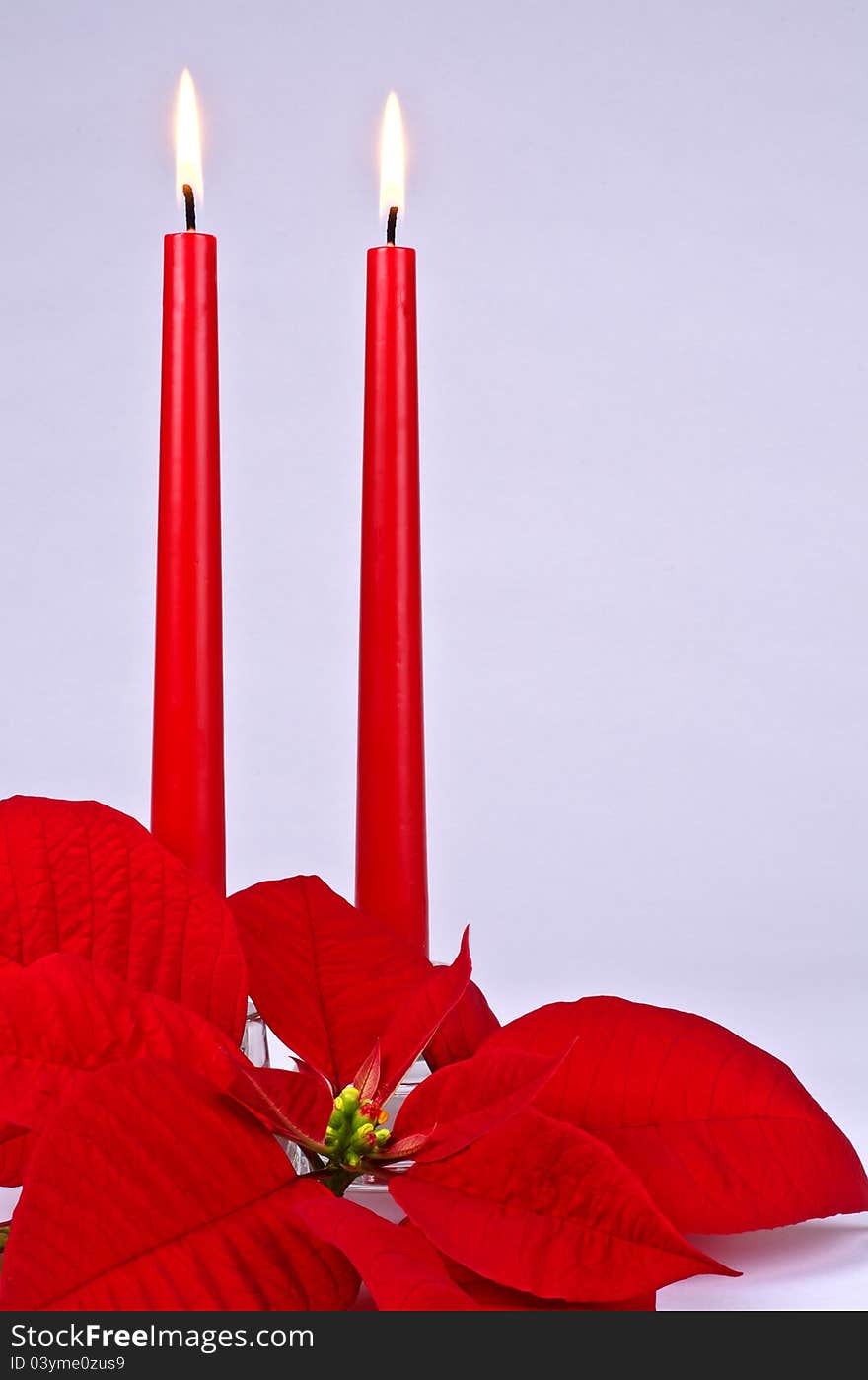 Two tall red Christmas candles and poinsettia.