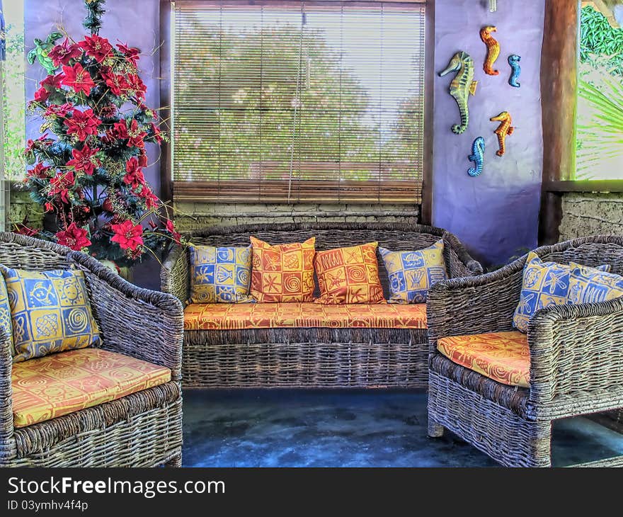 Rustic tropical christma with tree and couch - Bahia - Brazil. Rustic tropical christma with tree and couch - Bahia - Brazil