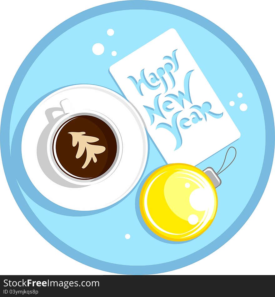 New year coffee cup and sticker that says Happy New Year