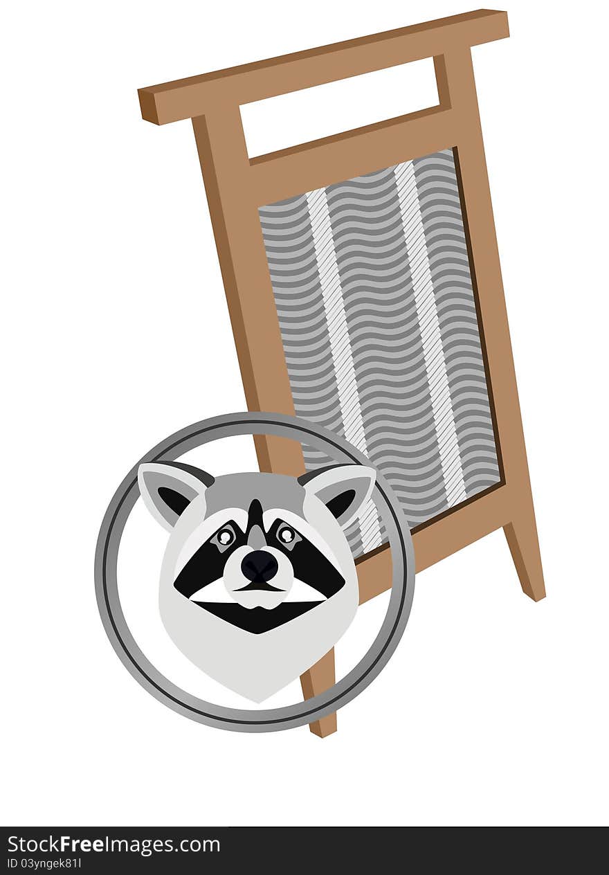 Round icon with a raccoon's head against an old washboard. The illustration on a white background. Round icon with a raccoon's head against an old washboard. The illustration on a white background