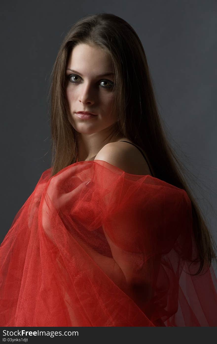 Portrait of sensual young woman wrapped in a red nylon with beautiful long hair. Portrait of sensual young woman wrapped in a red nylon with beautiful long hair