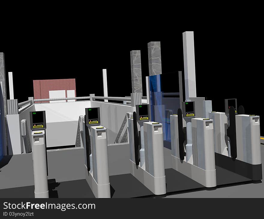 Unmanned Ticket gates in a 3D fantasy station. Unmanned Ticket gates in a 3D fantasy station