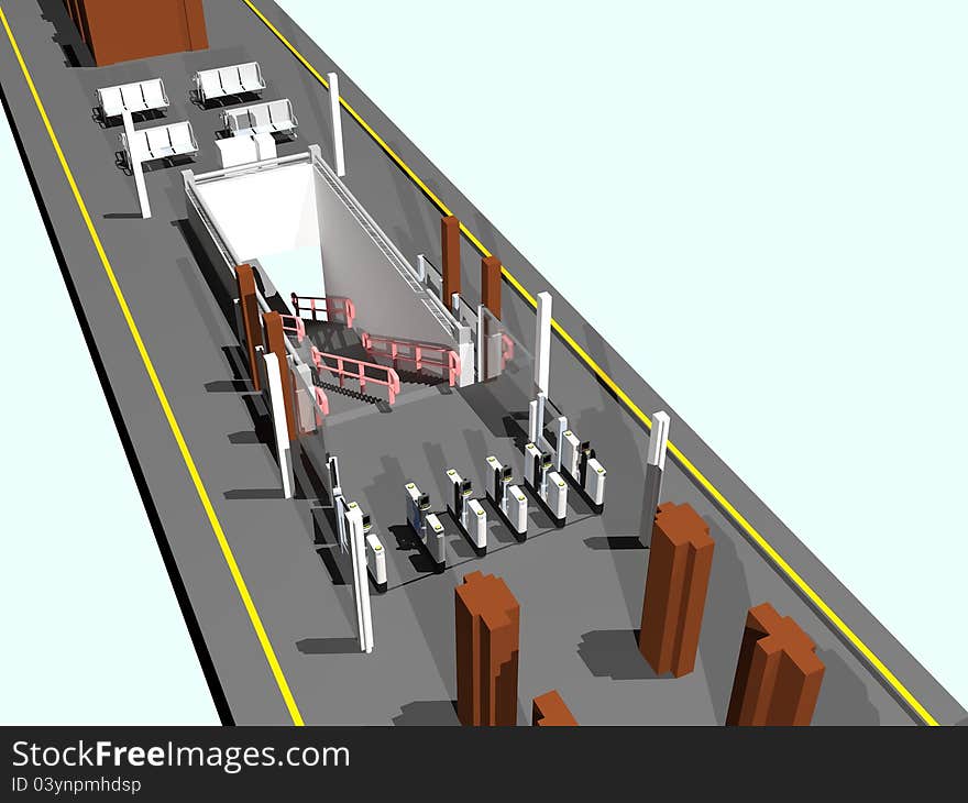 A 3D illustration of an island platform of a n imaginary station. A 3D illustration of an island platform of a n imaginary station