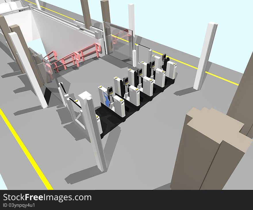 Detail of a 3d illustration of an imaginary station island platform. Detail of a 3d illustration of an imaginary station island platform