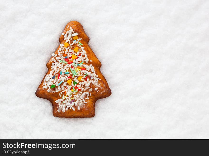 Ginger bread Christmas cookie on the snow with copy-space