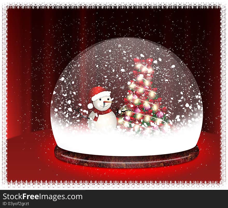 Happy snowman and Chrismas tree in Snow Globe.