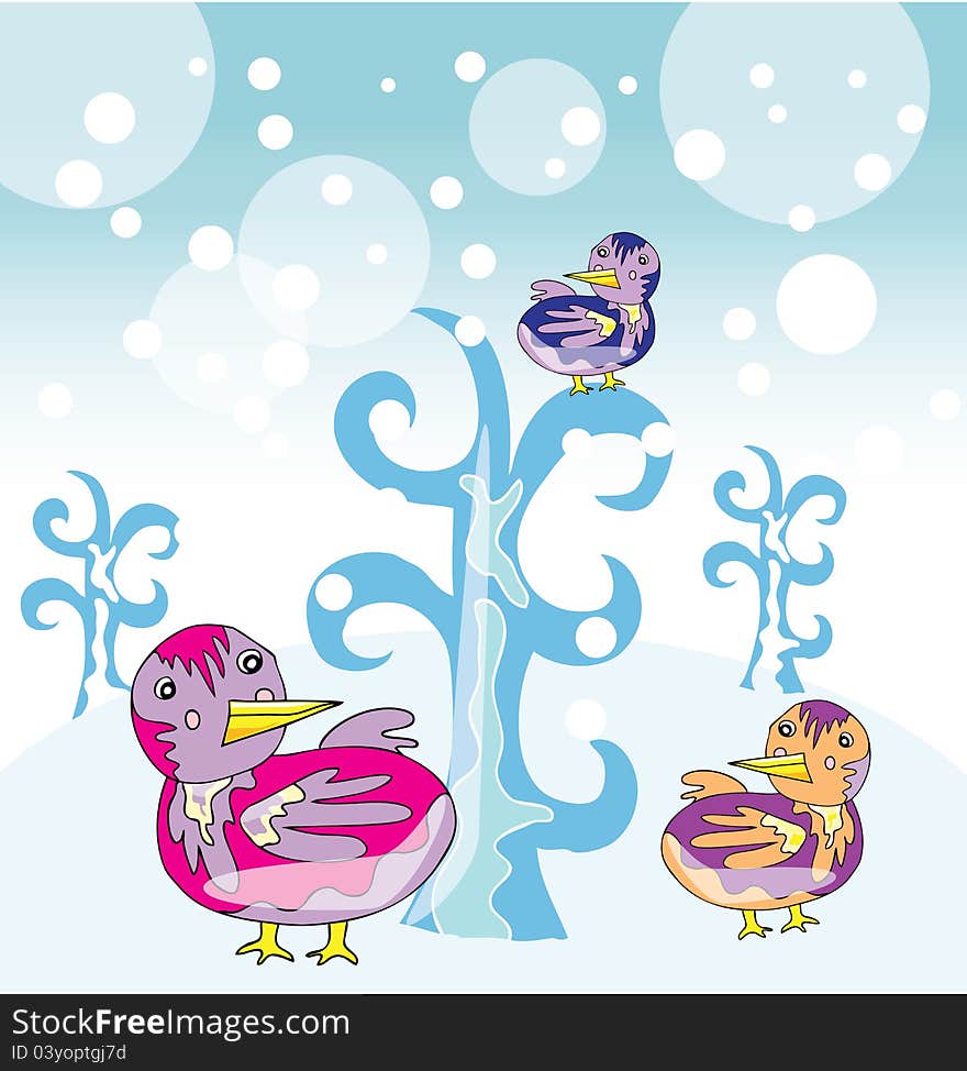 Funny birds in winter garden