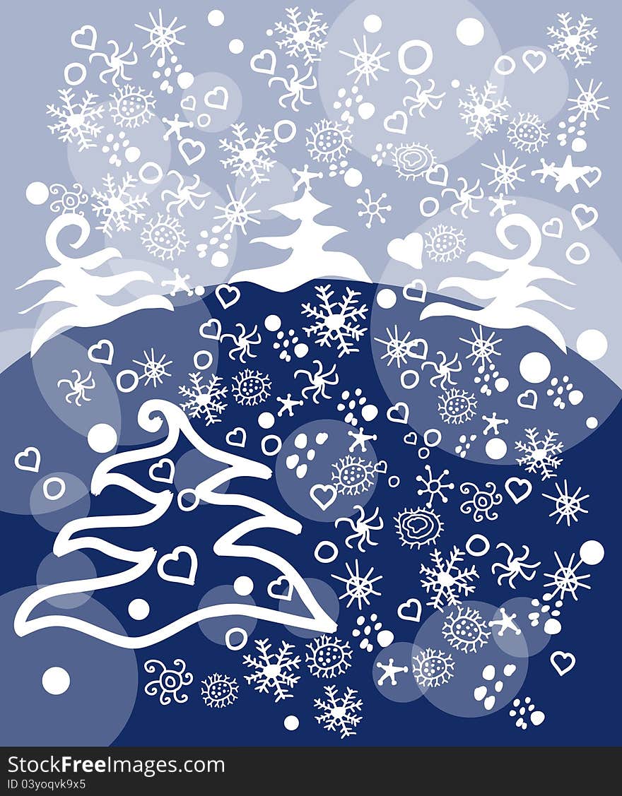 Vector illustration of beautiful christmas background with white trees and snowflakes. Vector illustration of beautiful christmas background with white trees and snowflakes