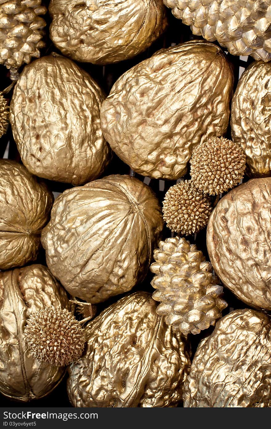 Golden walnuts and pine cones texture. Golden walnuts and pine cones texture