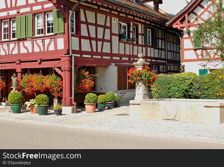 A typical swiss farm house,with flower decoration and a village fountain