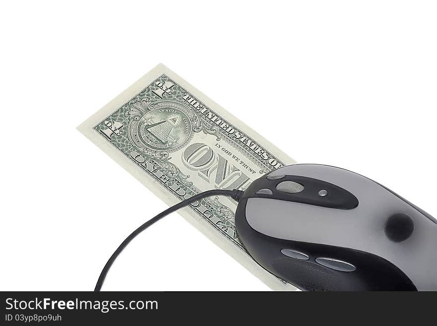 One dollar and a computer mouse on white background