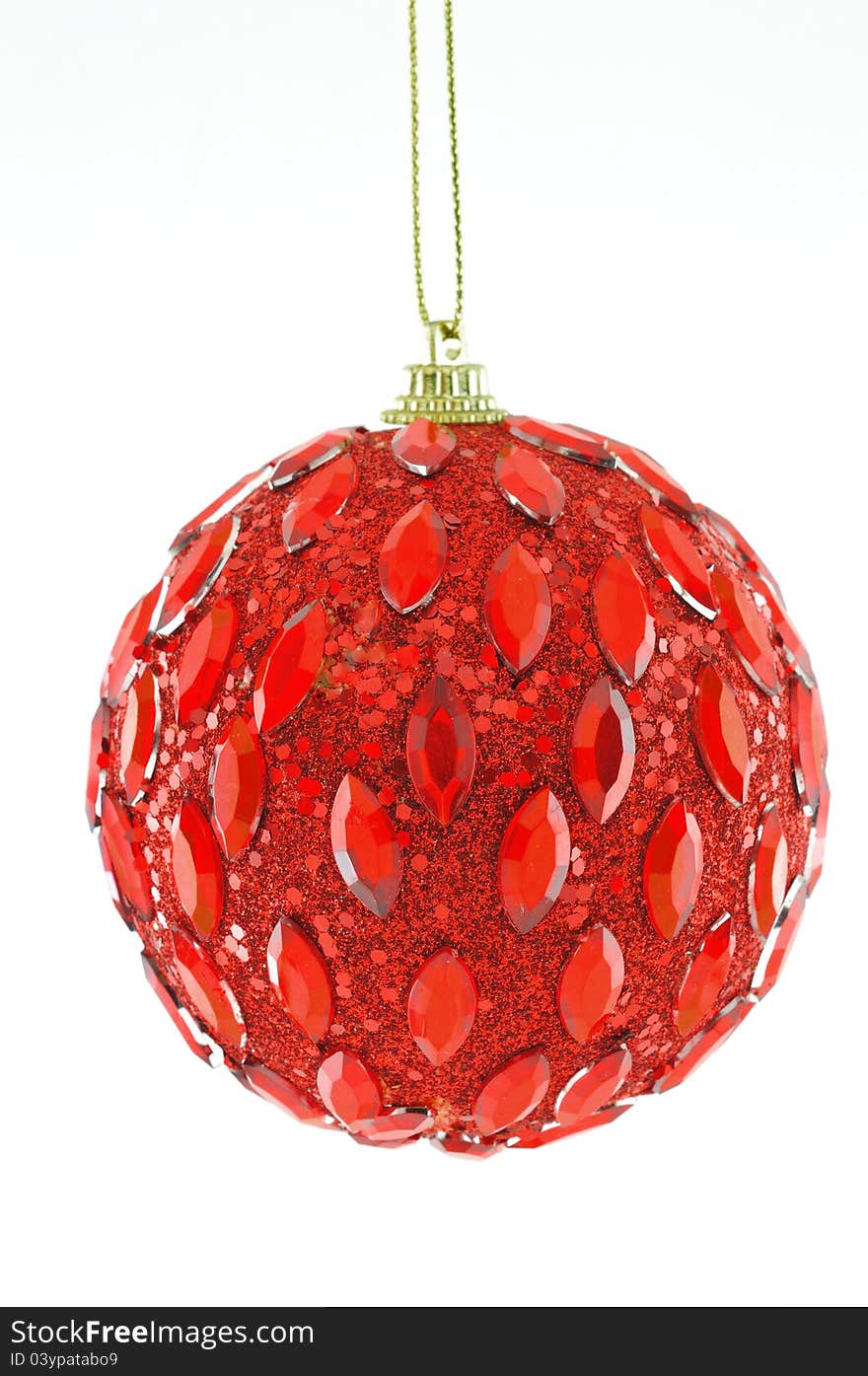 Red ball, Christmas decorations hanging on a golden thread against a white background. Red ball, Christmas decorations hanging on a golden thread against a white background