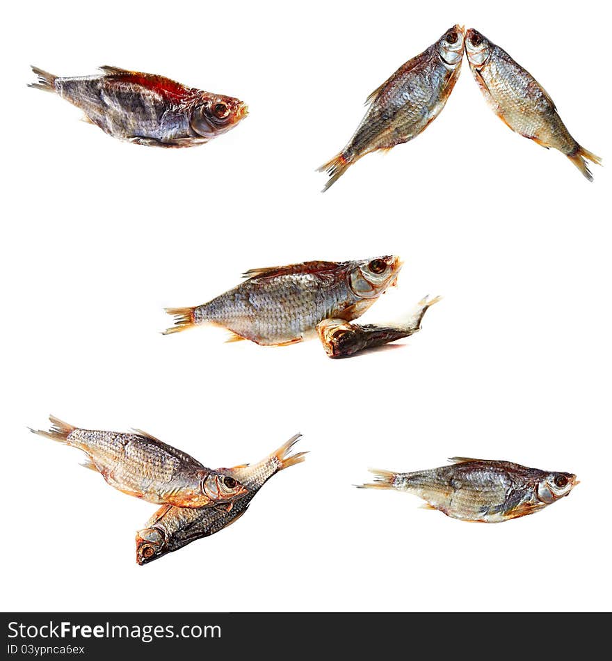 Collection dried fishes isolated on a white background