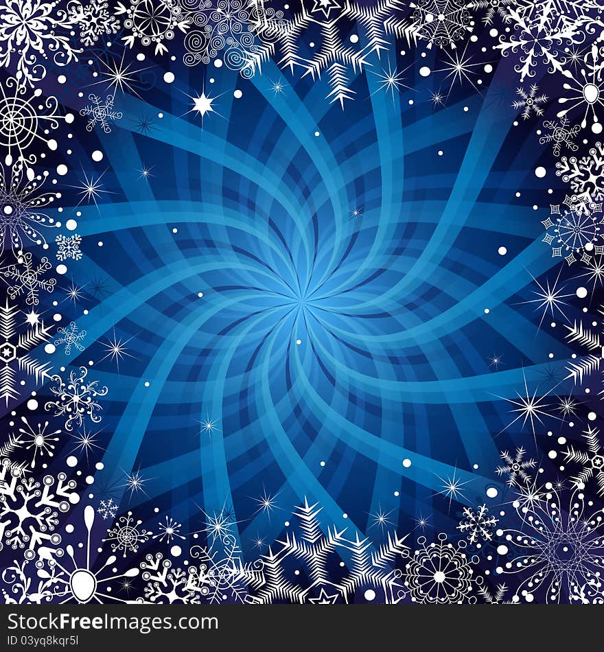 Christmas dark blue frame with snowflakes, stars and rays (vector EPS 10)