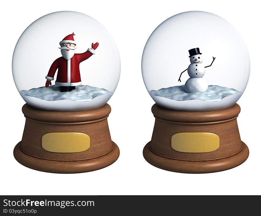 Two snow globe with Santa and Snowman