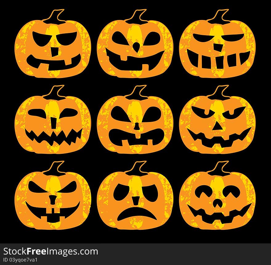 A set of scary halloween pumpkins on a black background. A set of scary halloween pumpkins on a black background