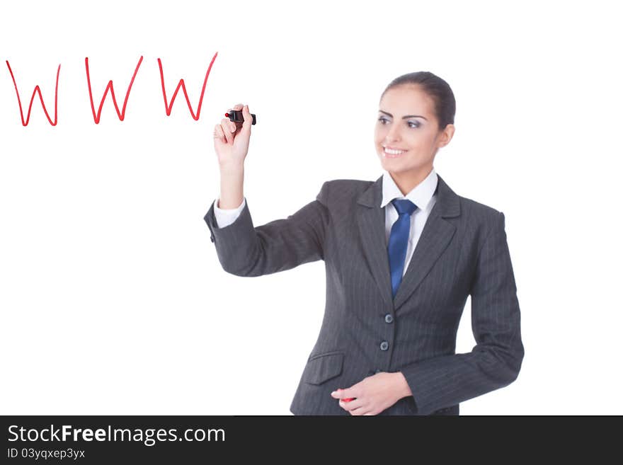 Young businesswoman writing WWW on glass on white background