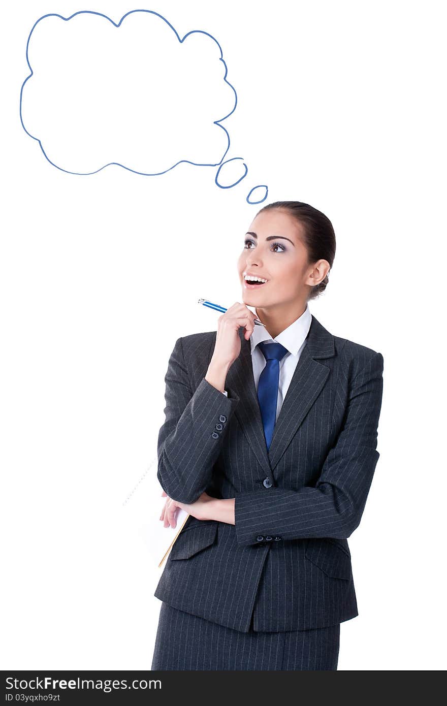 Young businesswoman standing with pen pointing on copyspace. Young businesswoman standing with pen pointing on copyspace