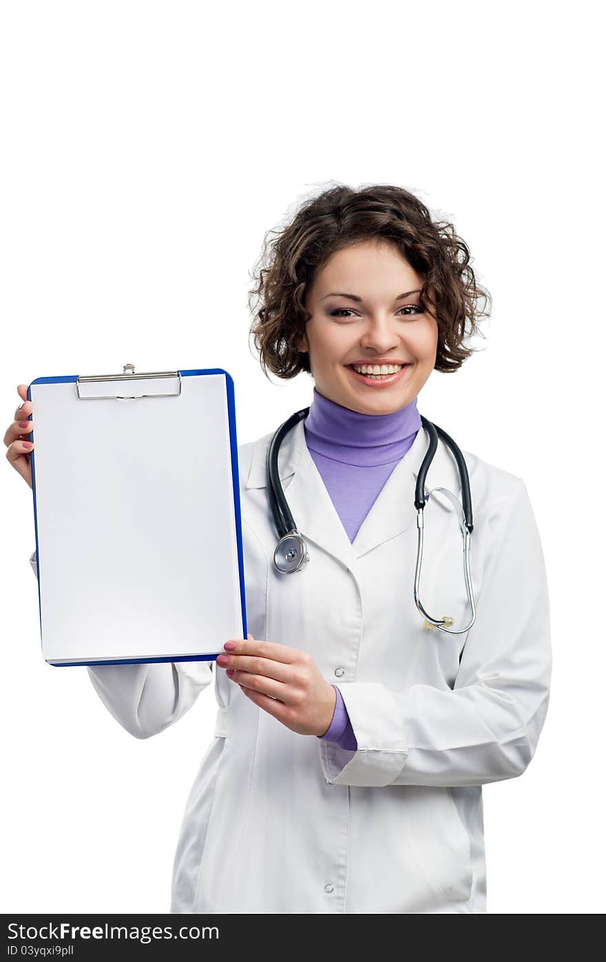 Doctor showing clipboard with copy space for text or design. Doctor showing clipboard with copy space for text or design