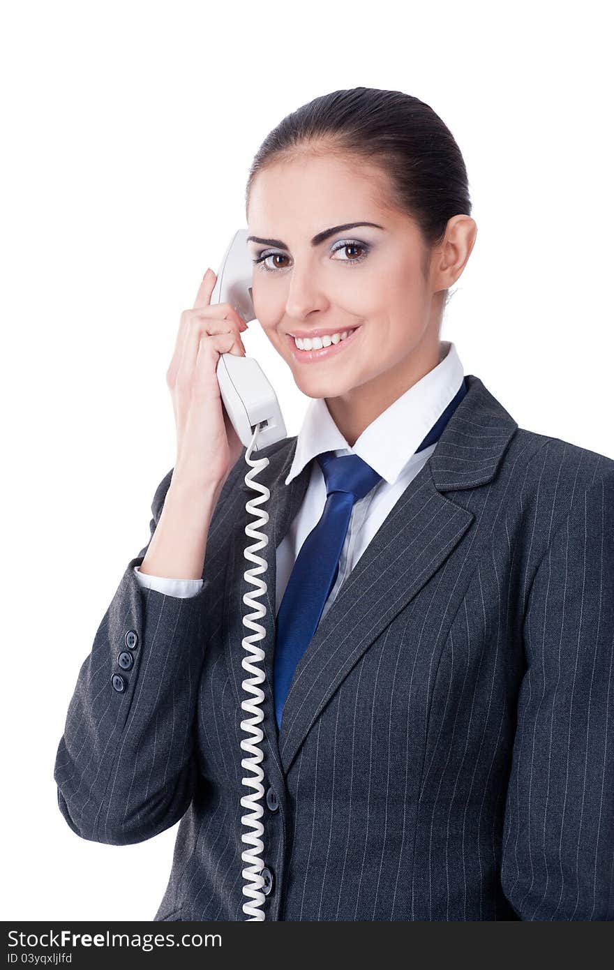 Young businesswoman speaking on phone, smiling, isolated on white