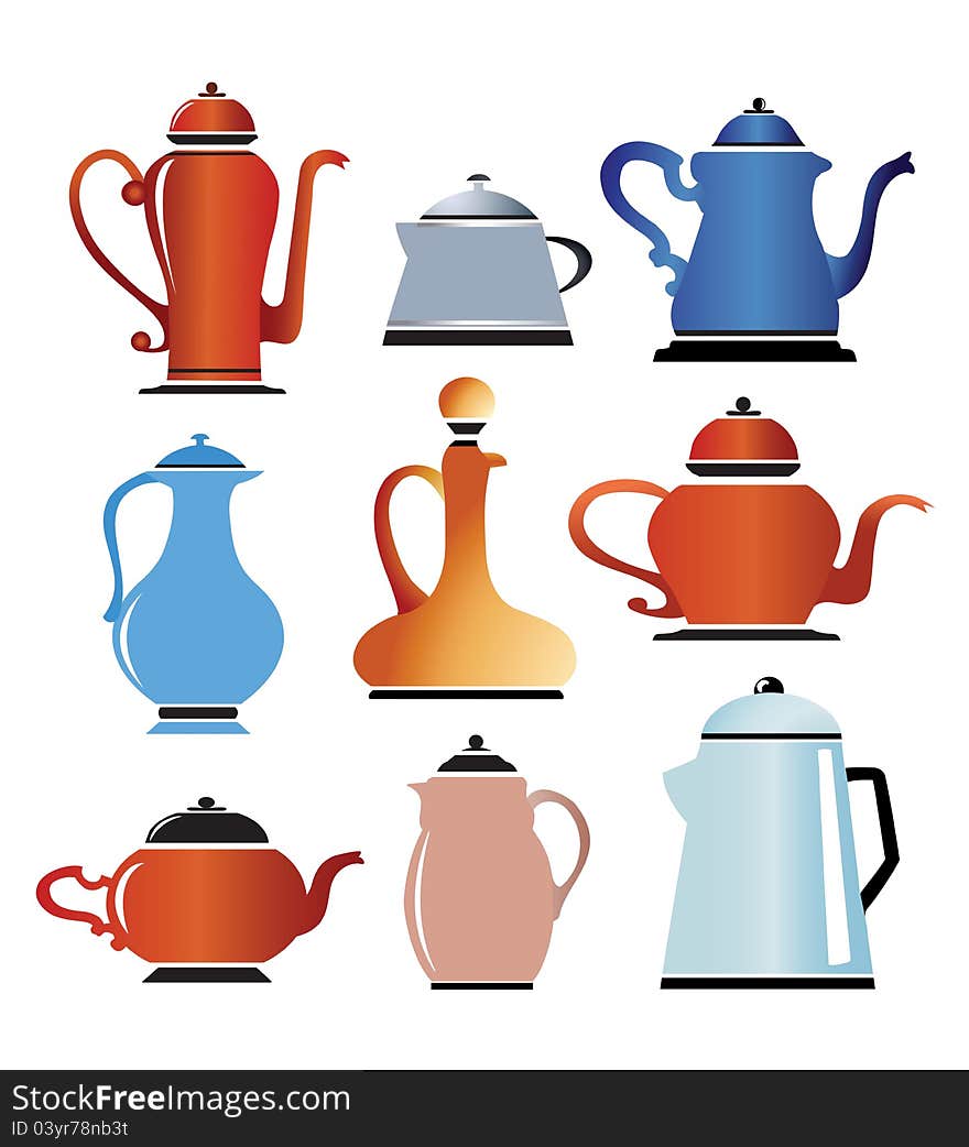 A set of silhouettes colored cookware color on white