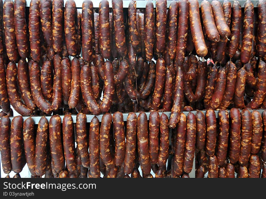 Delicious sausage drying in the sun