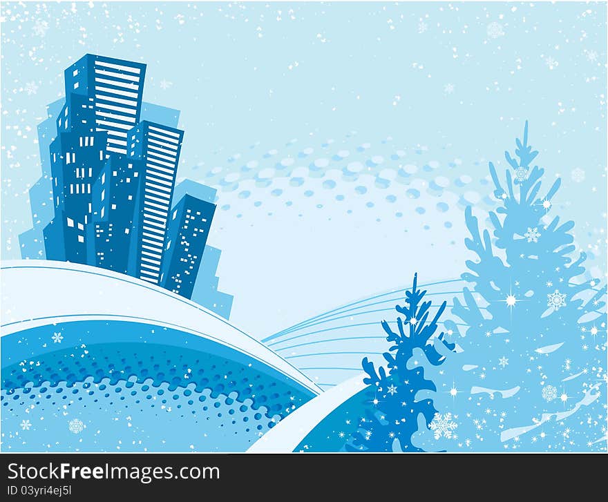 Christmas tree in the snow on urban background